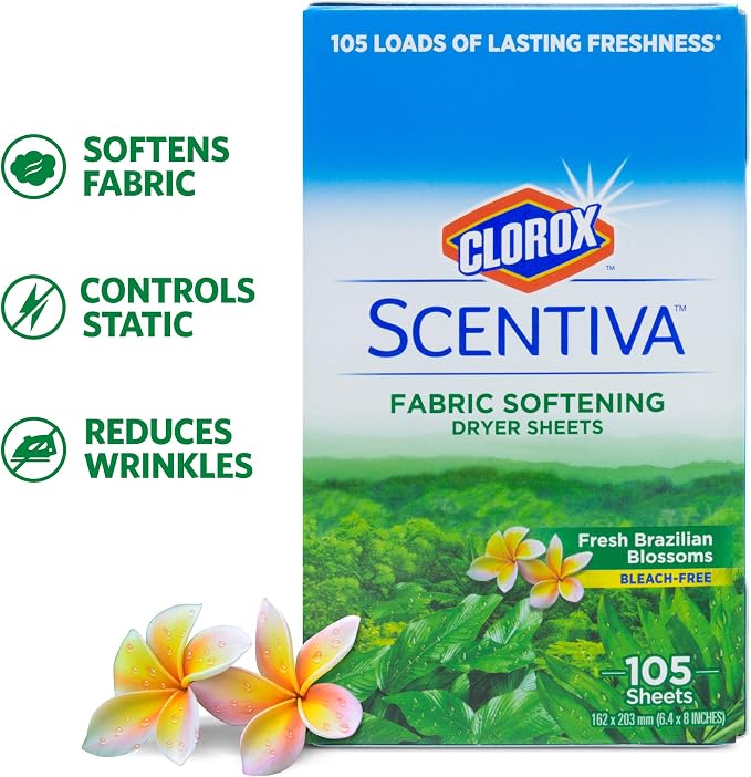 Clorox Scentiva Fabric Softener Dryer Sheets, Fresh Brazilian Blossoms Scent - Wrinkle Reducing Scented Softening Laundry Dryer Sheets for Great Smelling Clothes, 105 Count