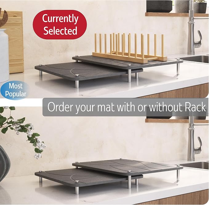 Nested Dish Drying Stone Mat with Bamboo Rack | Large 16"x12" Dish Drying Mat plus 13"x12" Diatomaceous Earth Stone Mat | Expands to 29” x 12” | Premium Stone Mat for Kitchen Counter (Dark Gray)
