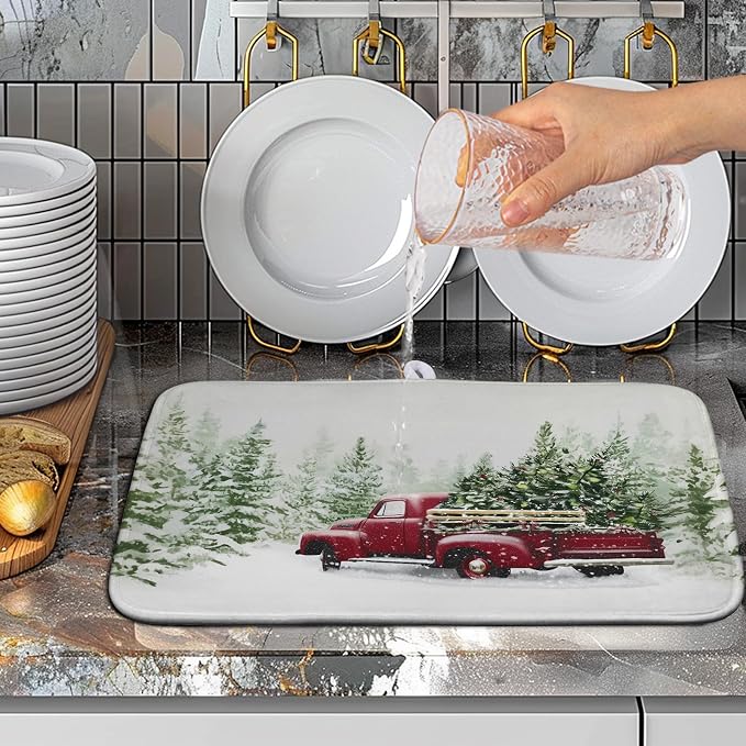 Christmas Dish Drying Mat Red Truck Xmas Tree Drying Mats for Kitchen Counter Winter Holiday Dishes Drainer Mats Absorbent Microfiber Dish Draining Pad Extra 16x18 Inch