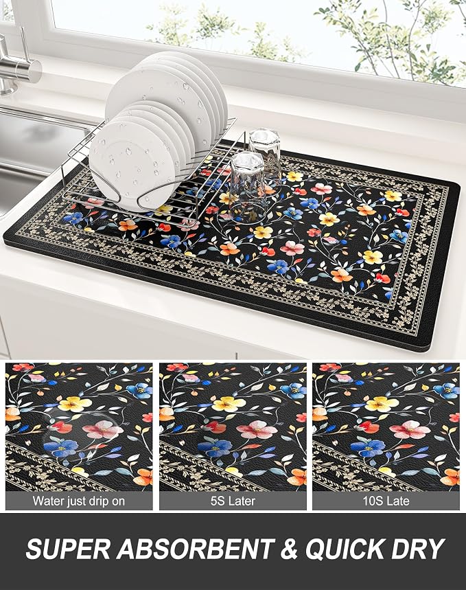 Rnivvi Dish Drying Mat for Kitchen Counter, XL 15 x 24" Cute Flower Theme Super Absorbent Drainer Pad, Non-Slip Heat Resistant Coffee Bar Mat for Coffee Machine Station Accessories,Retro Dish Rack Pad