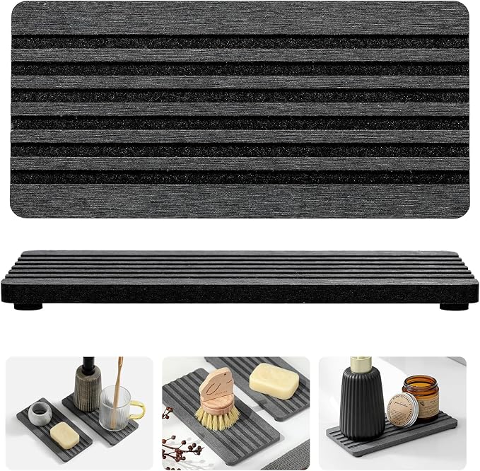 Razborci 2PCS Diatomite Quick Stone Drying Tray Mat For Bathroom & Kitchen Counter, Instant Dry Water Absorbent Drink Bar Coaster,Vanity Sink Caddy Organizer,Dish Soap Sponge Holders, Charcoal,8"x3.8"