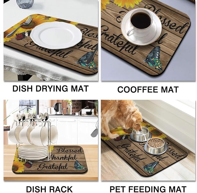 Dish Drying Mat 2-Pack in Sunflower Wood for Kitchen Counter Dishes Mat | Diatom Mud Mats (18x24, 19.5x12"). Non-slip rubber back for kitchen counter, coffee bar & sink scenes