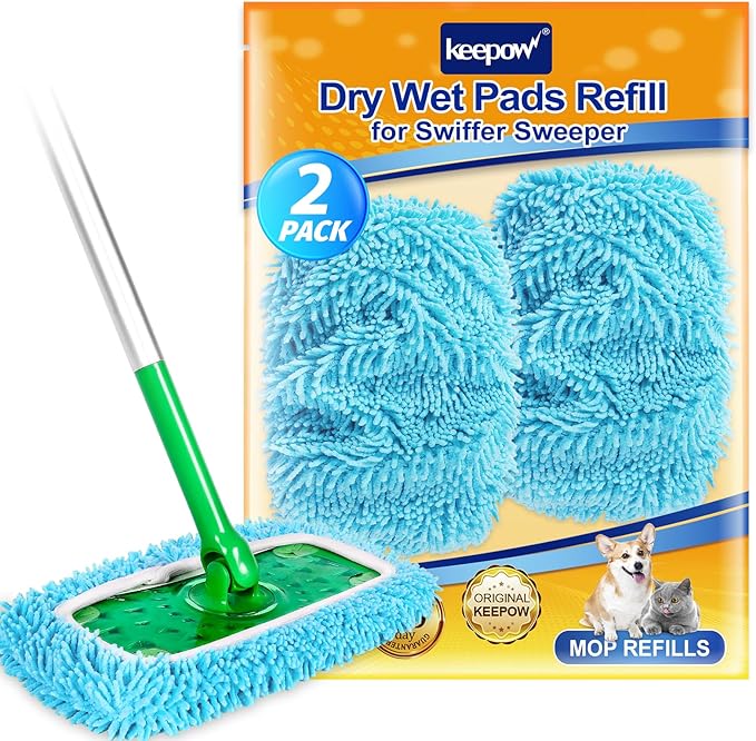 KEEPOW Reusable Dry Sweeping Cloths Microfiber Wet Pads Compatible with Swiffer Sweeper Mop and Sweep & Mop Deluxe, Replacement Mopping Pad Refills for Hardwood Floor Cleaning (2 Pack)