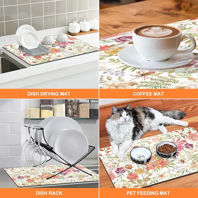 LOKHOM Dish Drying Mat for Kitchen Counter, 18"x24" Absorbent Coffee Bar Mat with Pink Roses Petals, Dish Drainer Rack Mat for Kitchen Counter and Dining Room Decoration
