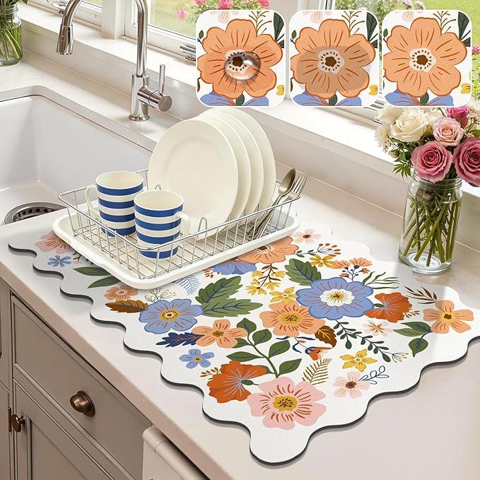 LOKHOM Scalloped Floral Dish Drying Mat, 12"x20" Super Absorbent Coffee Mat with Unique Spring Wildflowers, Cuttable Hide Stain Non-slip Drying Mat for Kitchen Counter Coffee Maker Espresso Machine