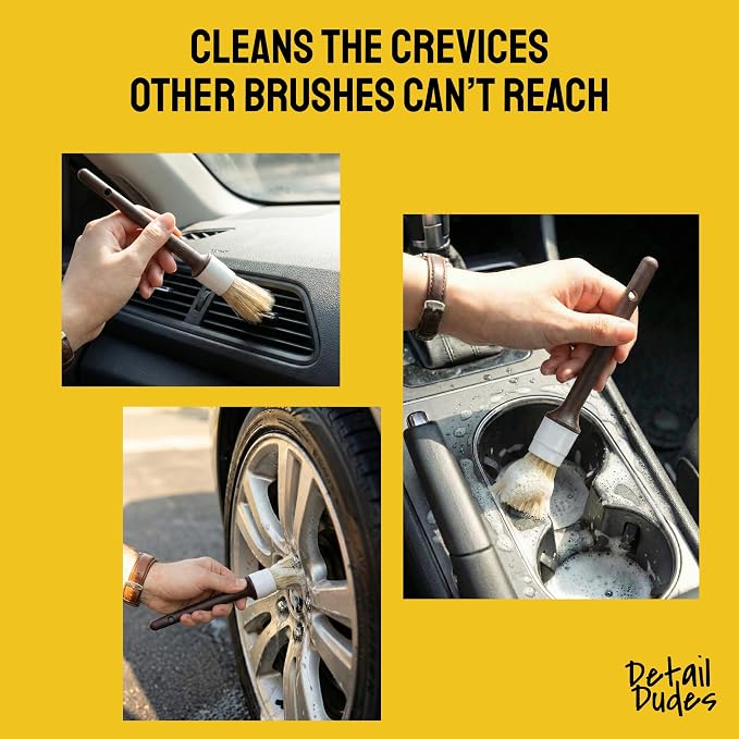Car Detailing Brush Set 3-Pack, Interior and Exterior, Detail Dudes | Scratch-Free Boars Hair - Exterior & Interior Cleaning Brushes - Safe for Leather, Piano Black Trim, Dashboards & Wheels