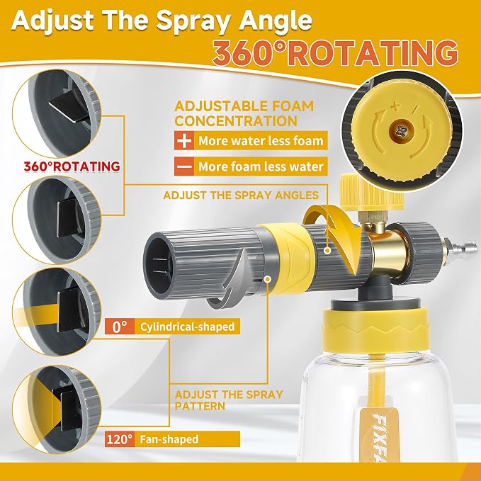 FIXFANS Foam Cannon Gun Dual Connector Accessory for Pressure Washer | Double Tip Attachment Soap Cannon with Power Washer Short Gun, Car Wash Foam Gun Kit, 1/4" Quick Connect, 5 Nozzle Tips