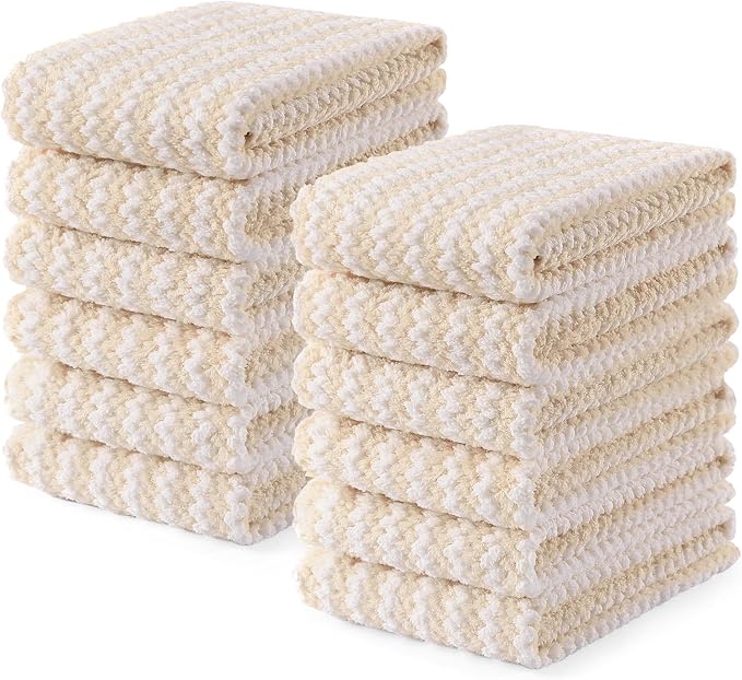 Homaxy Kitchen Towels(12 Pack, 10 x 20 inches), Ultra Soft and Absorbent Dish Towels, Reusable Fast Drying Microfiber Cleaning Cloth, Coral Velvet Wave Design No-lint, Beige
