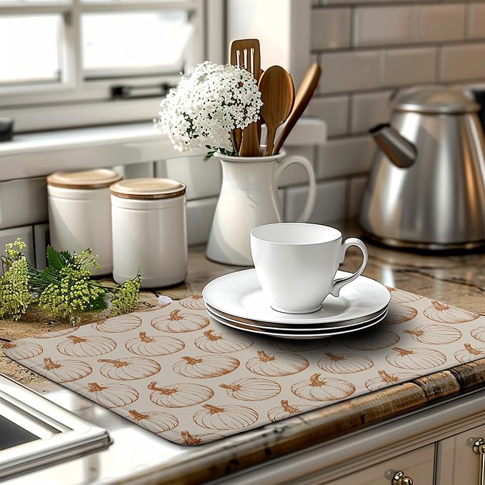 Fall Pumpkin Dish Drying Mat for Kitchen Counter Burnt Orange Autumn Thanksgiving Dish Mat Absorbent Microfiber Kitchen Countertop Protector Dishes Drying Pad Large Drying Mats 18x24 Inch
