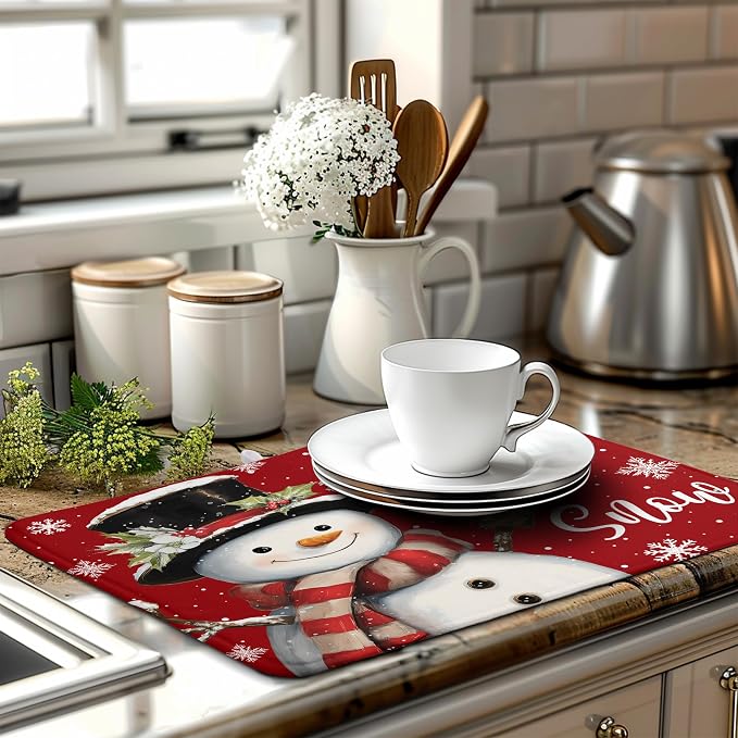 Snowman Christmas Dish Drying Mat Winter Drying Mats for Kitchen Counter Xmas Holiday Red Dish Draining Mat Microfiber Absorbent Reusable Dish Rack Pad 18x24 Inch