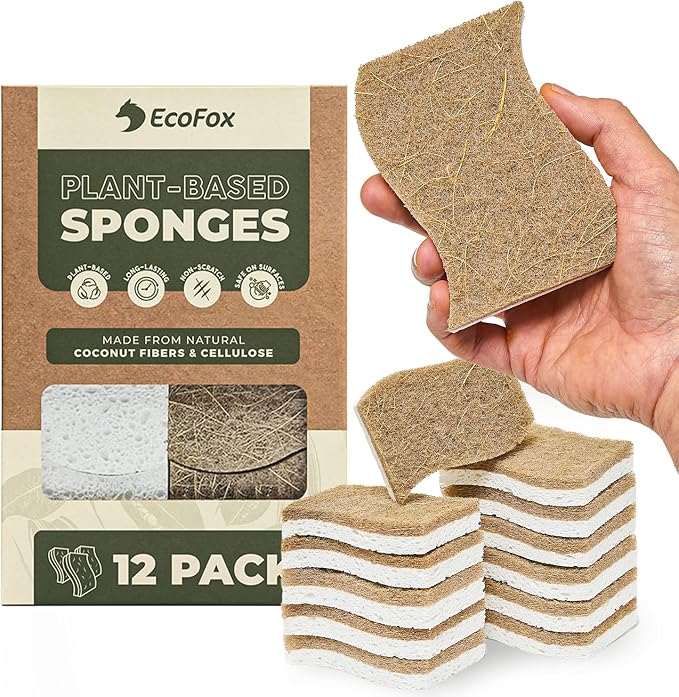 Plant-Based Kitchen Sponges (12 Pack) | USDA Biobased Certified | FSC & PETA Approved | Natural Cellulose & Coconut Scrubber Sponge | S-Shaped Design | Eco-Friendly, Non-Scratch, Non-Toxic & Vegan