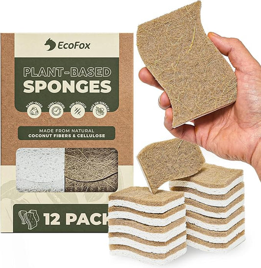 Plant-Based Kitchen Sponges (12 Pack) | USDA Biobased Certified | FSC & PETA Approved | Natural Cellulose & Coconut Scrubber Sponge | S-Shaped Design | Eco-Friendly, Non-Scratch, Non-Toxic & Vegan