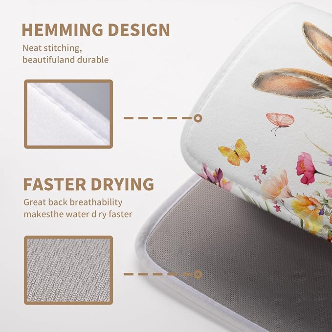 Spring Easter Dish Drying Mat for Kitchen Counter Easter Bunny Rabbit Eggs Flowers Dishes Drainer Mats 18x24 Microfiber Absorbent Large Dish Drying Pad for Kitchen Countertop Tableware Decor