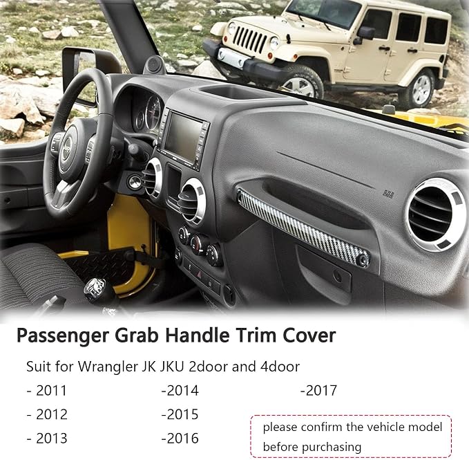Copilot Grab Bar Trim Cover for 2011-2017 Jeep Wrangler JK JKU with Screw | Fits 11-17 Wrangler JK JKU, Passenger Seat Grab Handle Cover, Carbon Fiber, ABS Trim With No Drilling Installation