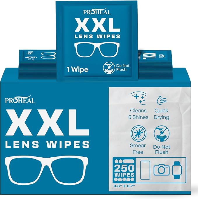 XXL Lens Wipes, 250 Count - 9.8"x6.7" Eye Glasses Cleaner Wipes for Lenses, Watches, Display Screens, and More - Cleans and Shines - Quick Drying, No Smear with Isopropyl Alcohol