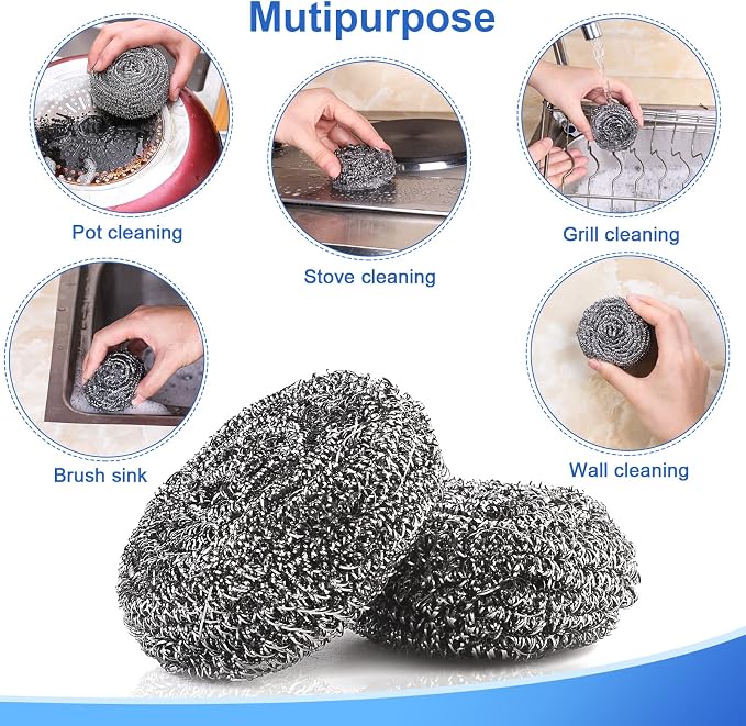 Steel Wool Scrubbers, 12 Pack, 23g/Pack, Especially for Tough Cleaning | Premium Stainless Steel Scrubbers, Metal Scouring Pads, Heavy Duty Cleaning Supplies for Pans, Pots, Ovens, Grills, Sinks