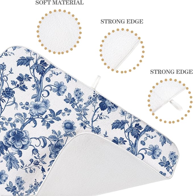 Blue Floral Dish Drying Mat 18 x 24 Inch Vintage Navy Blue Floral Drying Mat for Kitchen Counter Absorbent Spring Summer Flower Dishes Dry Pad for Drainer Rack Kitchen Fast Dry
