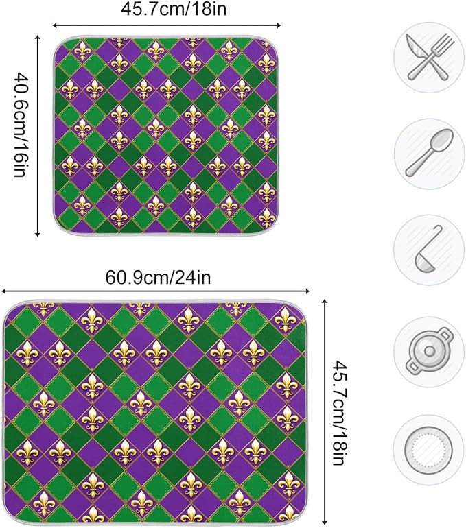 Happy Mardi Gras Purple Green Dish Drying Mat for Kitchen Countertop 18x24 Fleur de Lis Buffalo Plaid Large Drying Mat Reusable Quick Dry Dish Sink Mats Easy Clean Decorative Essentials