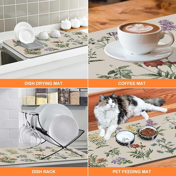 LOKHOM Dish Drying Mat for Kitchen Counter, 17"x32" Absorbent Coffee Bar Mat with Vintage Sage Flower Herbs, Dish Drainer Rack Mats for Kitchen Counter Coffee Maker Pot Dining Room Decoration