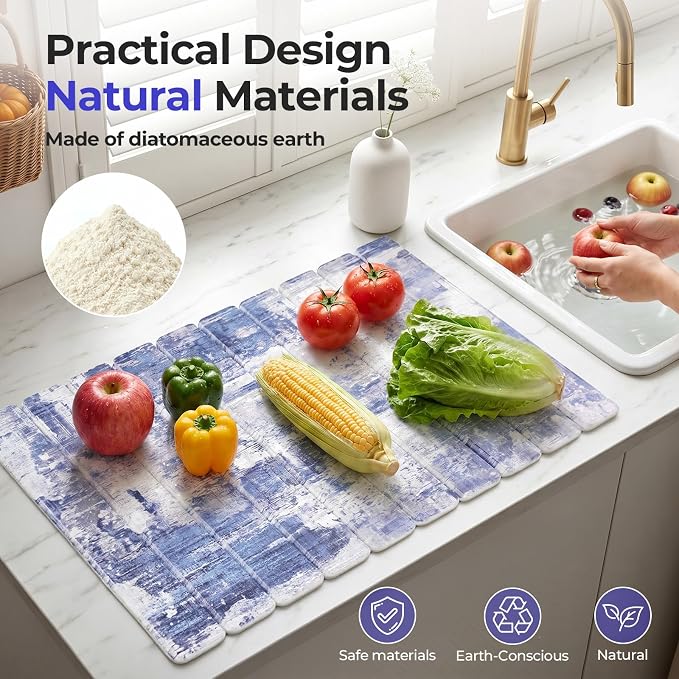 Findosom Stone Dish Drying Mat for Kitchen Counter, 15.7" × 11.8" Foldable Non-Slip Stone Drying Mat with Abstract Pattern, Heat Resistant Diatomaceous Earth Mat for Bath, Dishes, Cups, Blue