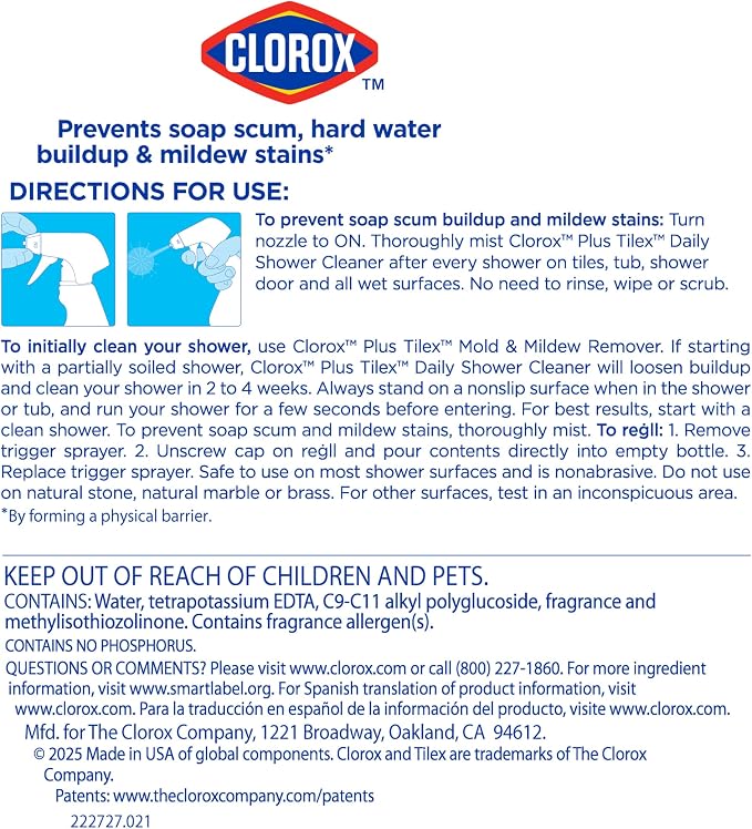 Clorox Plus Tilex Daily Shower Cleaner, Bleach-Free Bathroom Cleaner Spray, Safe for Most Tubs and Countertops, 32 fl. oz. Spray Bottle