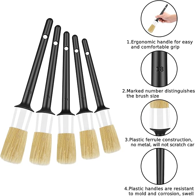 HMPLL 10pcs Detailing Brush Set, White | Includes 5 Soft Car Detailing Brushes , 3 Wire Brush, 2 Air Vent Brush for Cleaning Car Interior and Exterior Detailing