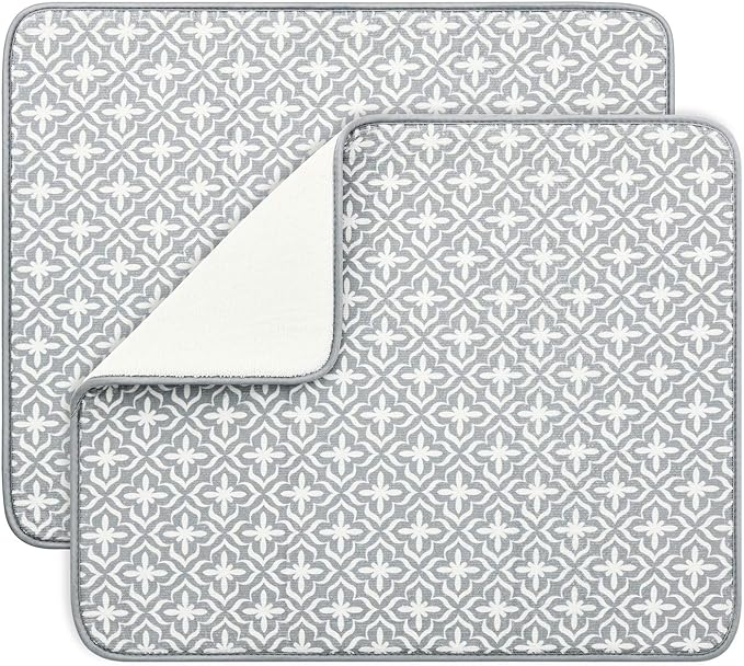 SUBEKYU Dish Drying Mats for Kitchen Counter, Microfiber Absorbent Dish Drainer/Rack Pads for Sink, 19.5*15.8 inch, Set of 2, Grey, leaf