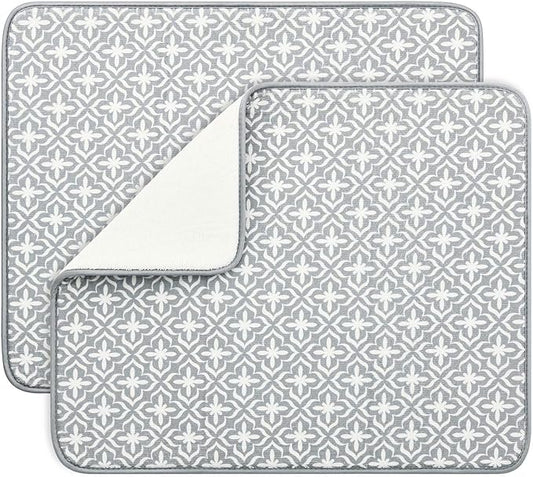 SUBEKYU Dish Drying Mats for Kitchen Counter, Microfiber Absorbent Dish Drainer/Rack Pads for Sink, 19.5*15.8 inch, Set of 2, Grey, leaf