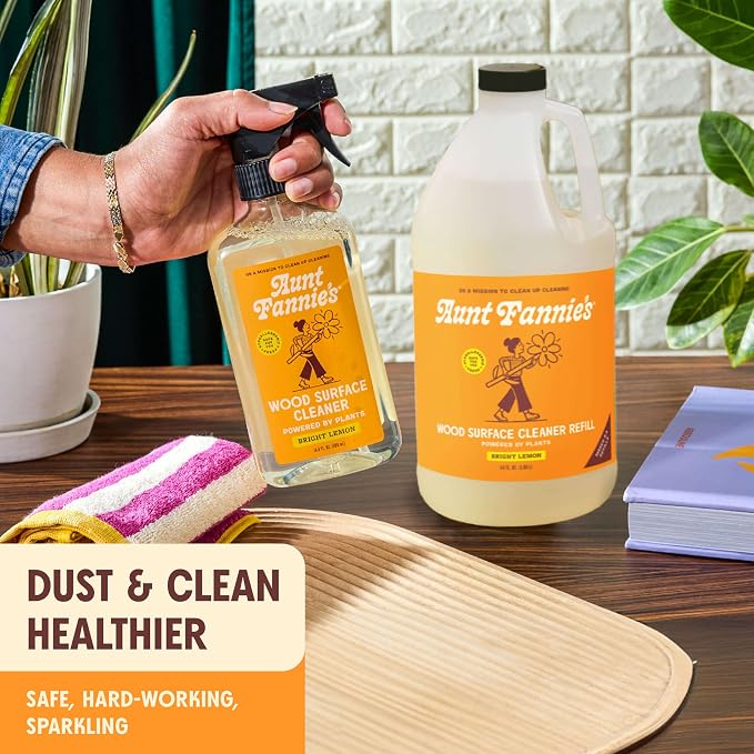 Aunt Fannie's All Purpose Wood Spray Clean Spray, Lemon, Refill 64 oz | No-Wax Formula, Removes Dust & Grime, Safe for Tables Counters Shelves Walls & Cabinets, Child and Pet Safe, Made in USA