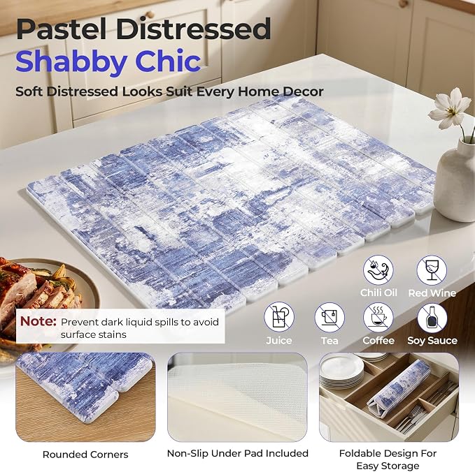 Findosom Large Stone Dish Drying Mat for Kitchen Counter, 23.6" × 15.3" Foldable Non-Slip Stone Drying Mat with Abstract Pattern, Heat Resistant Diatomaceous Earth Mat for Bath, Dishes, Cups, Blue