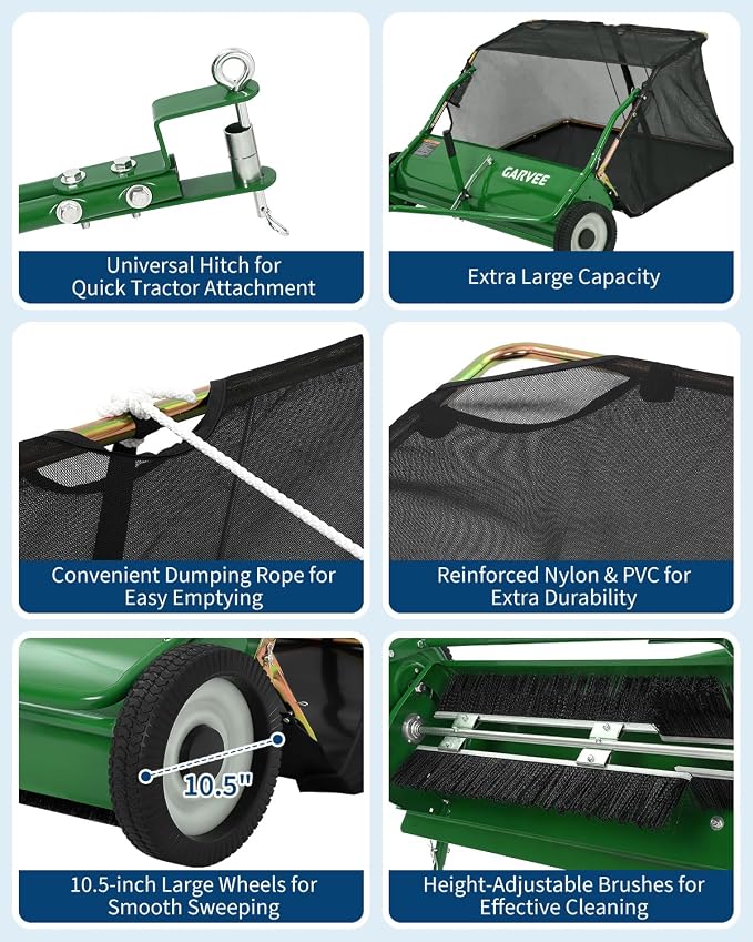 Garvee Tow Behind Lawn Sweeper 48 Inch, Heavy Duty Leaf & Grass Collector | Yard Sweeper Pull Behind,16 cu.ft. Leaf Collector,Tool-Free Adjustable Brush Height,Dumping Rope for Yard,Driveway,Sidewalk