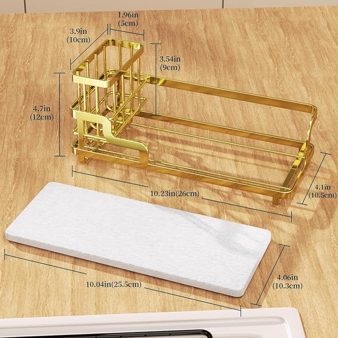 Consumest Sponge Holder for Kitchen Sink - Sink Caddy Organizer with Water Absorbing Stone Tray, Detachable Brush Holder, Stainless Steel Kitchen Counter Organizer Rack, Gold