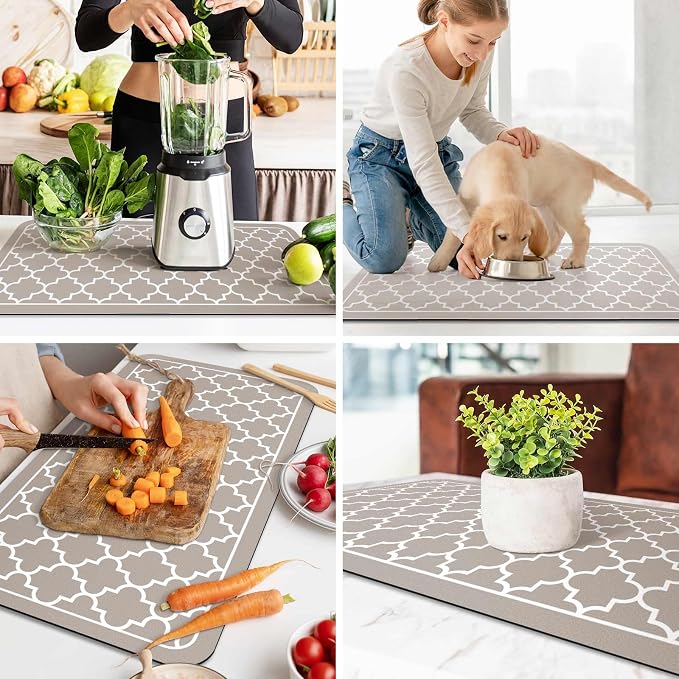 WISELIFE Dish Drying Mat Super Absorbent Drying Mat Large Dish Drying Mats for Kitchen Counter Easy Clean Dish Mat Kitchen Drying Mat18"x 32" Stylish Khaki