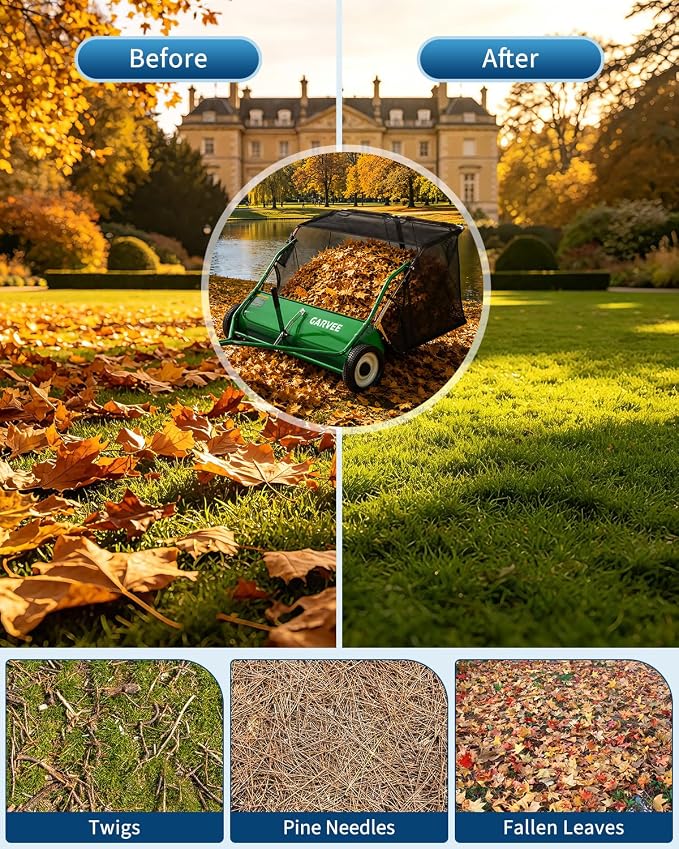 Garvee Tow Behind Lawn Sweeper 42 Inch, Heavy Duty Leaf & Grass Collector | Yard Sweeper Pull Behind,14 cu.ft. Leaf Collector,Tool-Free Adjustable Brush Height,Dumping Rope for Yard,Driveway,Sidewalk