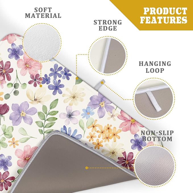 Floral Dish Drying Mat for Kitchen Counter 18x24, Spring Decorative Absorbent Reversible Microfiber Kitchen Countertop Protector Dishes Drainer Pad, Colorful Cute Flower
