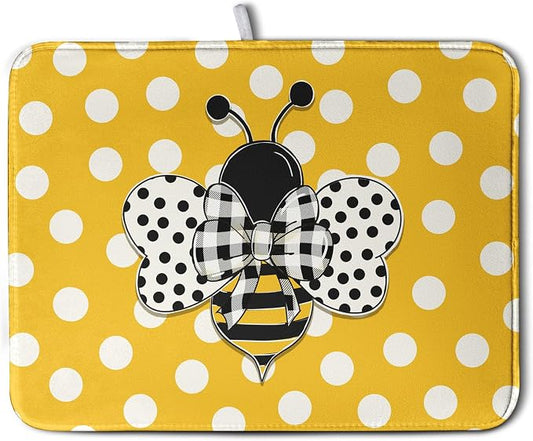 Bee Dish Drying Mat for Kitchen Counter 18x24 Inch Yellow Bumblebee Polka Dots Dishes Pad Cute Honey Bees Dish Draining Microfiber Absorbent Dish Drainer Rack Mat Large Kitchen Accessories