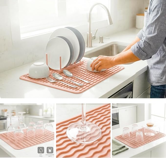 MicoYang Silicone Dish Drying Mat — Quick-Dry Ridges Counter & Sink Pad, Heat-Resistant Trivet to 450°F, Non-Slip & Dishwasher Safe, Roll-Up Storage, 18 Colors & 9 Sizes (Pink, 16"×12")