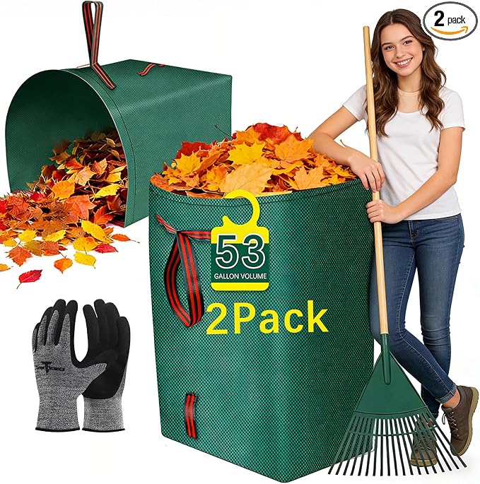 2Pack 53 Gallon Heavy duty reusable patio bags, thickened stand-up lawn bags for collecting garden leaves and trash, lightweight and portable