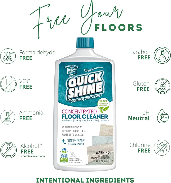 Quick Shine Multi Surface Concentrated Floor Cleaner 27oz Use on Hardwood, Laminate, Luxury Vinyl Plank LVT, Tile & Stone Dirt Dissolving & Powerful Cleaning Makes 27 Gallons | Makes up to 6 Gallons, Refreshing Essence, pH Neutral, No Rinse, PFAS & Amm...