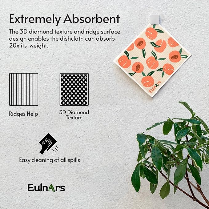 Eulnars Swedish Dishcloths for Kitchen, 8 Pack Reusable Paper Towels with Clips, Non-Scratch Swedish Kitchen Towels, Super Absorbent Cellulose Sponge Cloths, Dishwasher Safe, No Odor