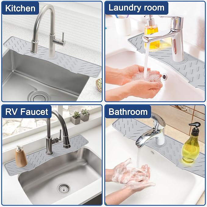 Faucet Mat for Kitchen Sink – 24” x 5.1” Extra-Long Silicone Splash Guard with 10° Slope & Upgraded Drainage – Gen 3 Sink Water Catcher & Sponge Holder for Kitchen, Bathroom (Gray)