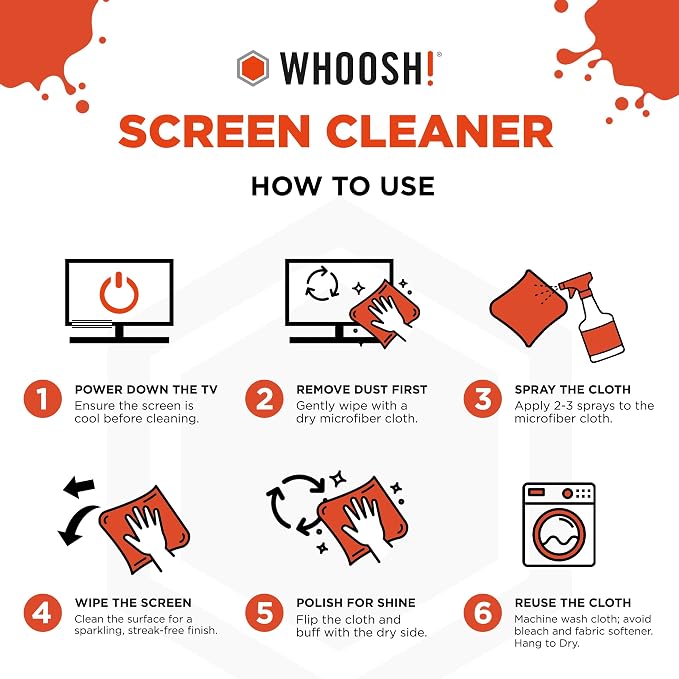 WHOOSH! Pro 16.9 fl oz Refillable TV Screen Cleaner & Microfiber Cloth - Streak-Free Cleaner for Flat Screens, OLED, LCD, Smart TV, Monitors - Non-Toxic, Odorless - Electronics Cleaning Kit