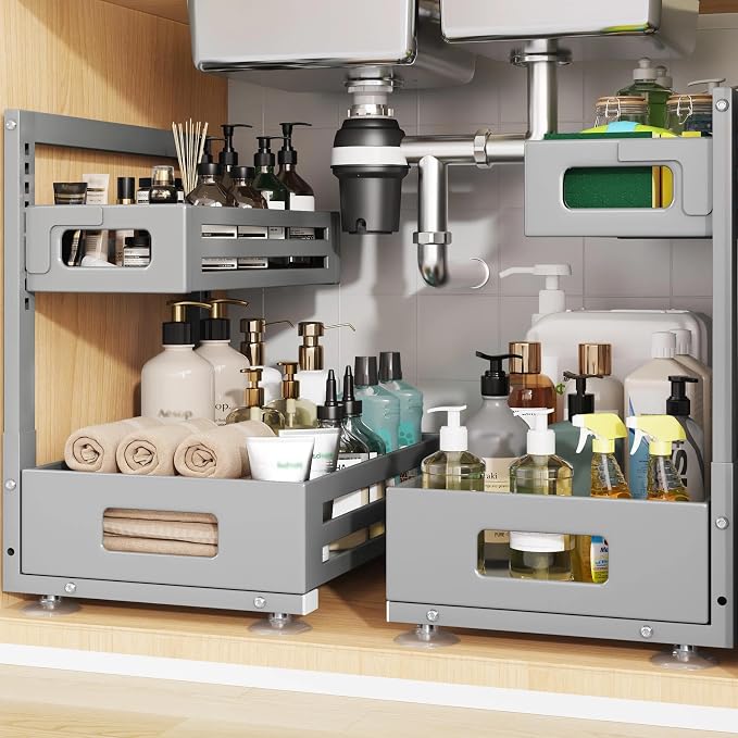 2 Pack Under Sink Organizer,Pull Out Cabinet Organizer With Smooth Cylindrical Rail,Metal Slide Out Drawer for Kitchen Bathroom Laundry Cabinet,8-Level Tool Free Height Adjustable-Gun Gray