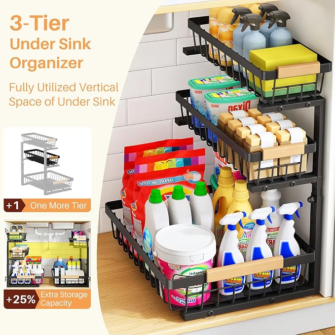 PXRACK Under Sink Organizer, 3-Tier 2-Pack Adjustable Height Pull Out Under Cabinet Organizer, Slide Out Thickened Metal Under Sink Storage for Kitchen Bathroom Laundry Pantry Organization, Black