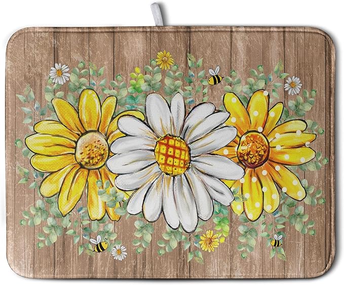 Rustic Daisy Floral Dish Drying Mat for Kitchen Counter Spring Summer Sunflower Dish Drying Mat Bee Absorbent Microfiber Dish Mat Reversible Dish Drainer Rack Mat Large 18x24 Inch