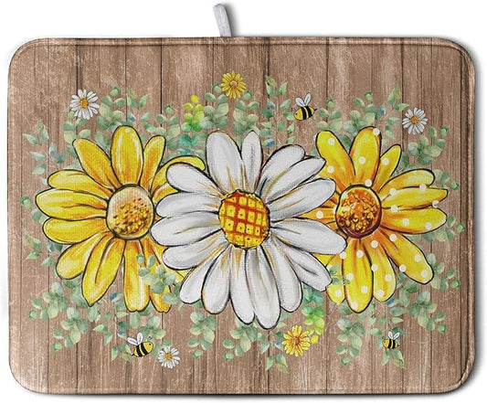 Rustic Daisy Floral Dish Drying Mat for Kitchen Counter Spring Summer Sunflower Dish Drying Mat Bee Absorbent Microfiber Dish Mat Reversible Dish Drainer Rack Mat Large 18x24 Inch