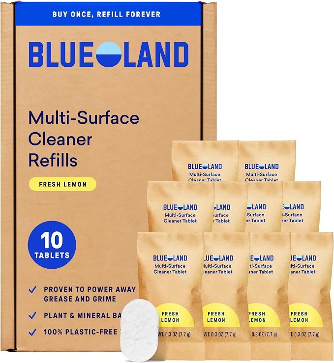 BLUELAND Multi-surface Cleaner, 10 Refill Tablets, Fresh Lemon Scent, All-Purpose, Eco-Friendly Cleaning Supplies, 10 x 24 Fl oz