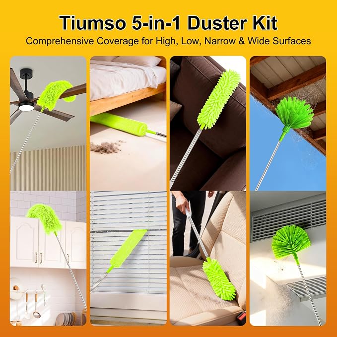 Tiumso Duster with Extension Pole 100 inch Extendable Reusable Dusters for Cleaning 5-in-1 Anti-Spin Dusting Kits for High Ceiling Fans, Cobwebs & Vents, Reinforced Stainless Steel Telescopic Handle