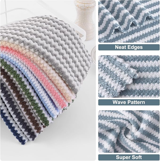 Homaxy 18 Pack Kitchen Dish Cloths, Ultra Soft and Absorbent Dish Towels, Reusable Fast Drying Microfiber Cleaning Cloth, Coral Velvet Wave Design No-lint, 10 x 10 inches, Dusty Blue