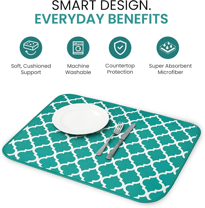 Dish Drying Mat for Kitchen Counter, Large 18 x 14 Absorbent Microfiber Pad | Machine Washable Quick Dry Kitchen Mat, Reversible Under Dish Rack Pad, Counter Protector for Dishes Pots Pans, Coffee Bar